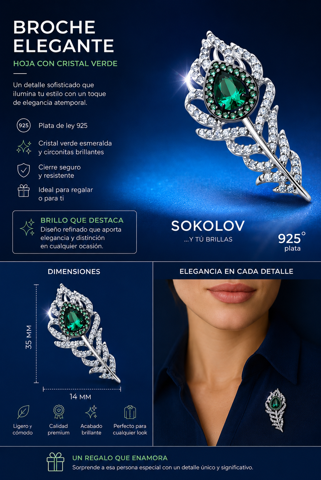 Broche Elegante Hoja con Cristal Verde Esmeralda