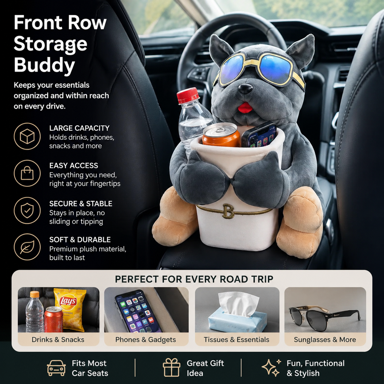 Cool Dog Car Seat Organizer – Plush Storage Buddy with Tissue Dispenser