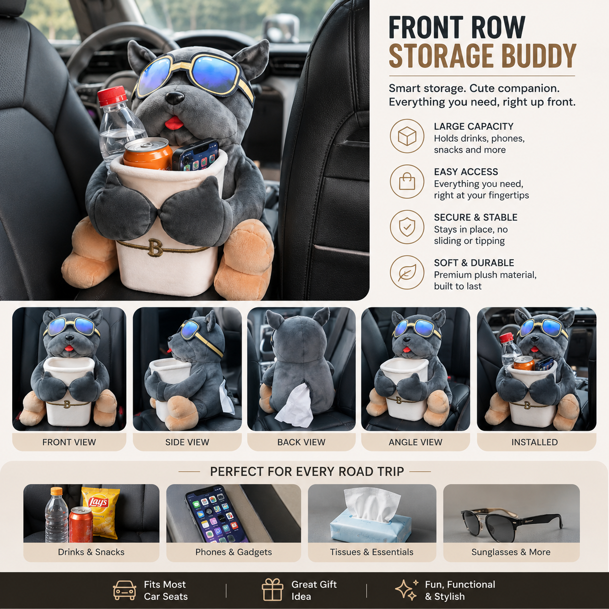 Cool Dog Car Seat Organizer – Plush Storage Buddy with Tissue Dispenser