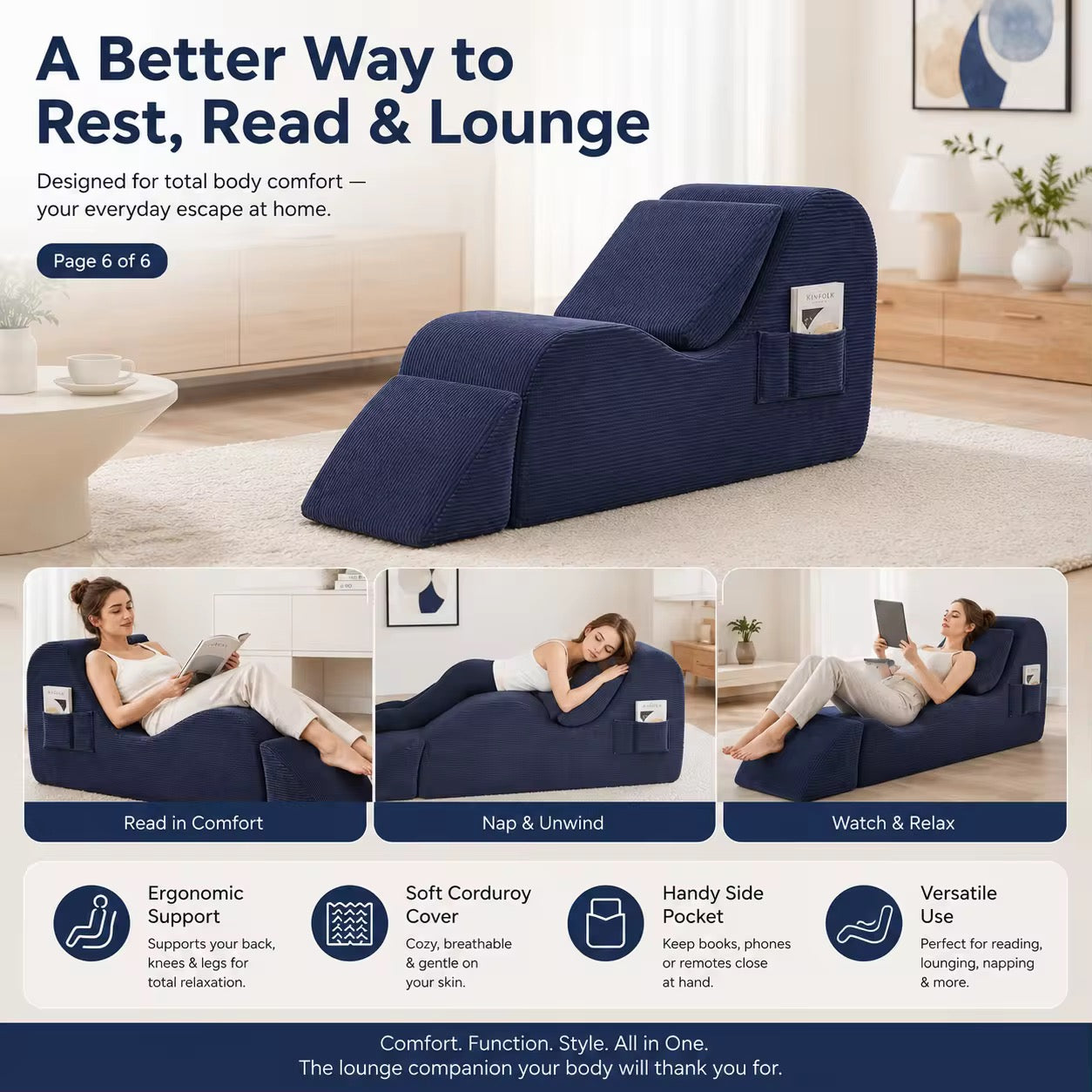 Ergonomic Lounge Chair – Full Body Comfort Sofa with Leg Elevation & Side Pocket
