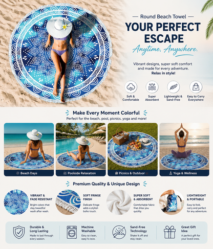 Round Beach Towel with Tassel – Premium Microfiber Blanket Mat