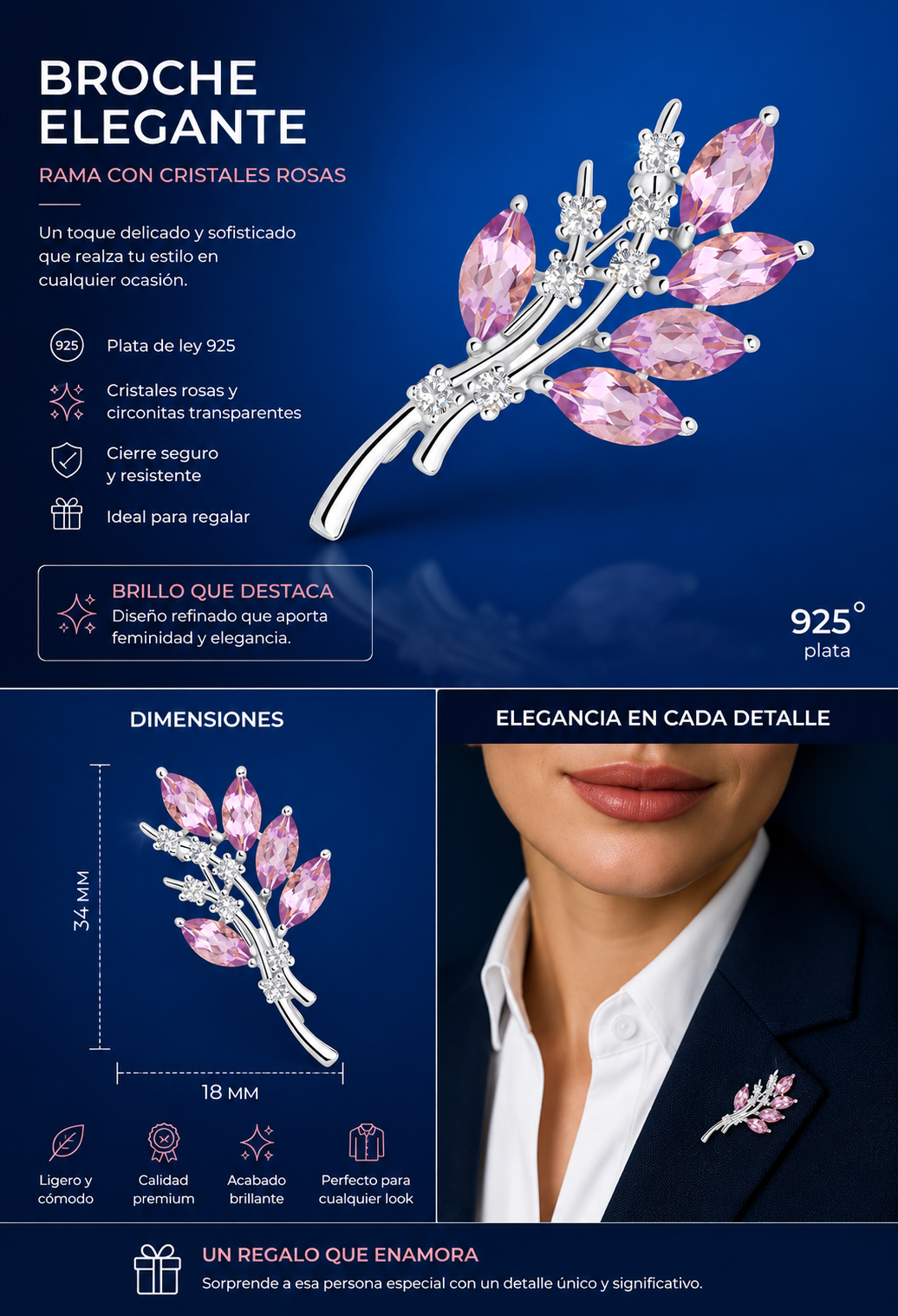 Broche Elegante Rama con Cristales Rosas