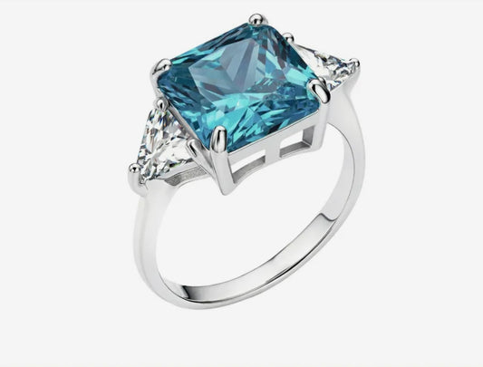 Anillo Trilogía con Piedra Azul Aguamarina - Plata 925