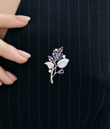 Broche Rama Floral de Plata 925 con Amatistas y Diamantes