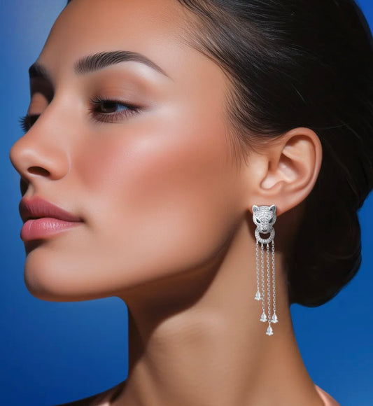 Pendientes Largos de Plata 925 Pantera con Diamantes y Cadenas