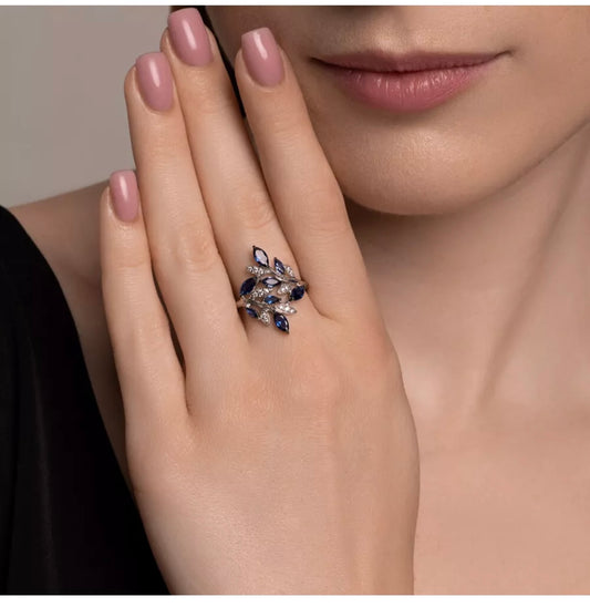 Anillo de Plata 925 con Aguamarina y Diamantes