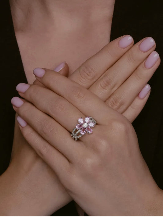 Anillo Flor de Plata 925 con Turmalinas Rosas y Diamantes