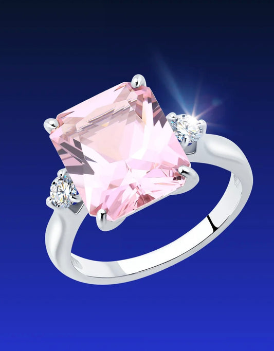 Anillo solitario con piedra rosa y circonitas – Plata de Ley 925