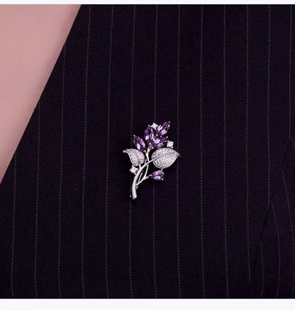 Broche Rama Floral de Plata 925 con Amatistas y Diamantes