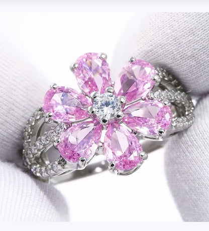 Anillo Flor de Plata 925 con Turmalinas Rosas y Diamantes