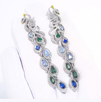 Pendientes Largos de Plata 925 con Zafiros y Esmeraldas