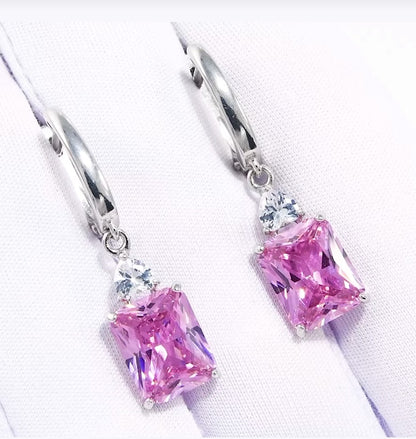 Pendientes de Plata 925 con Piedra Rosa y Circonita