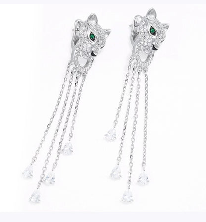 Pendientes Largos de Plata 925 Pantera con Diamantes y Cadenas